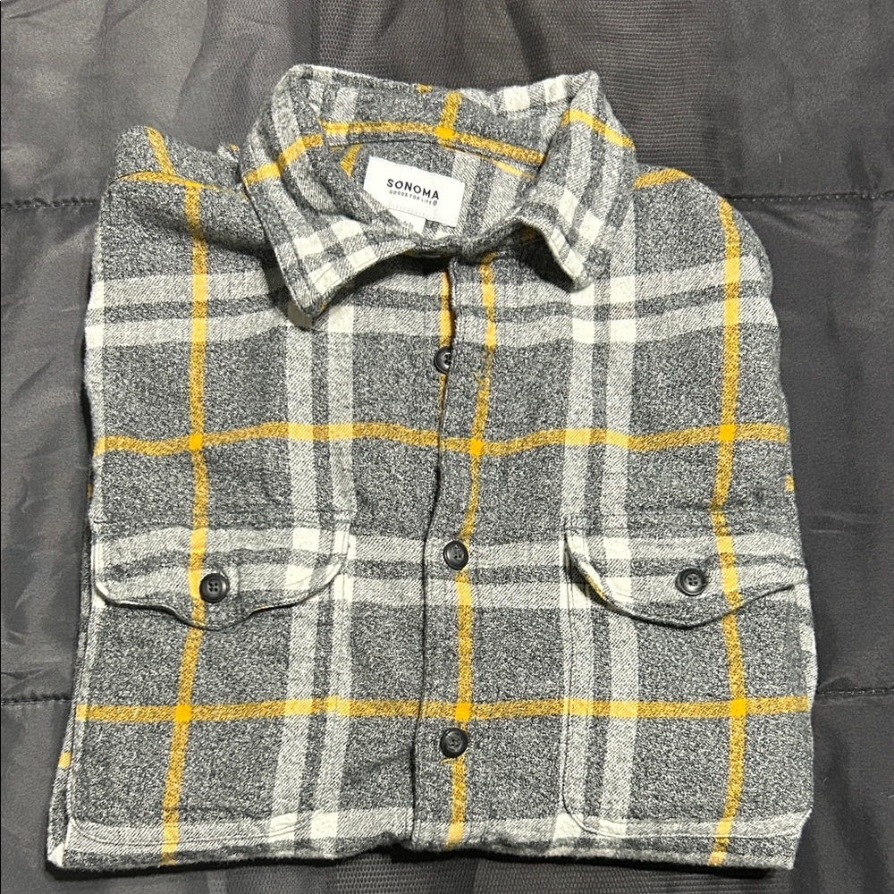 Sonoma Gray and Yellow Plaid Flannel Shirt. Medium